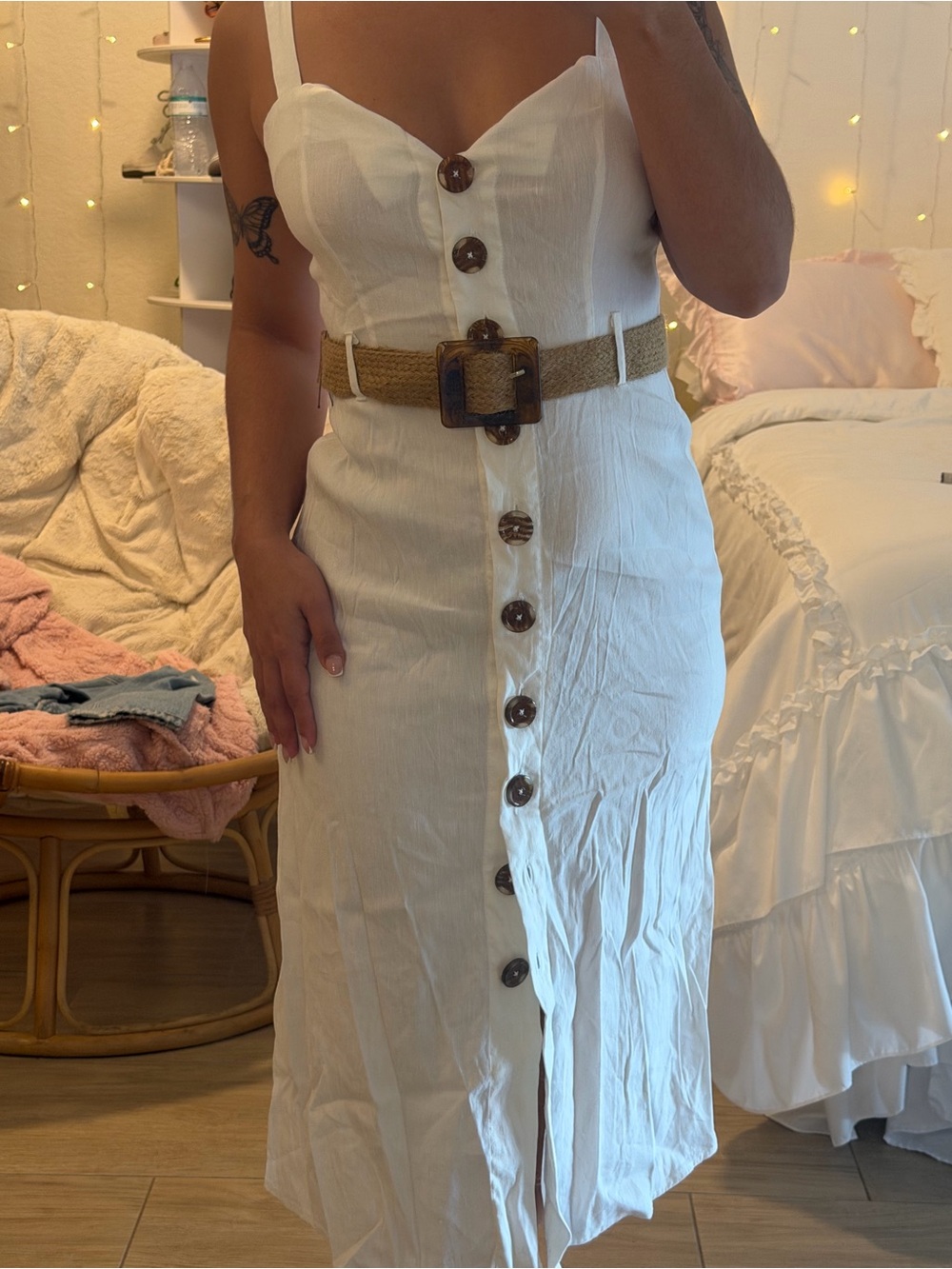 Forever 21 White Button-Front Midi Dress with Woven Belt - Picture 3 of 3